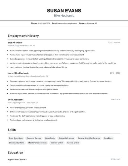 Bike Mechanic Resume
