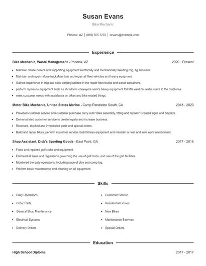 Bike Mechanic Resume
