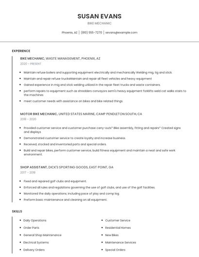 Bike Mechanic Resume