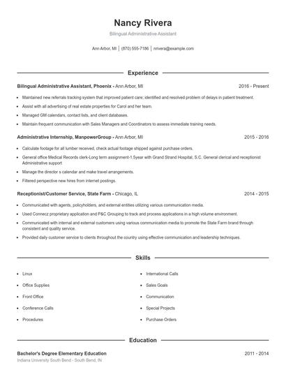 Bilingual Administrative Assistant Resume