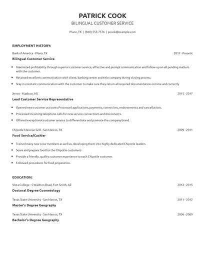 Bilingual Customer Service Resume