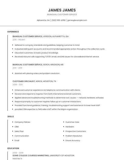 Bilingual Customer Service Resume
