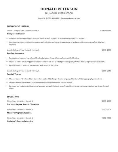 Bilingual Instructor Resume