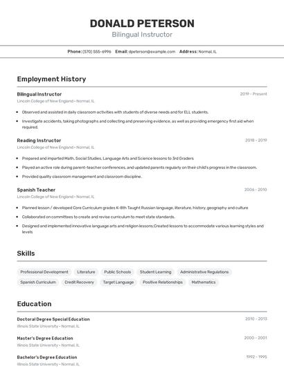 Bilingual Instructor Resume
