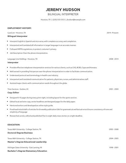 Bilingual Interpreter Resume