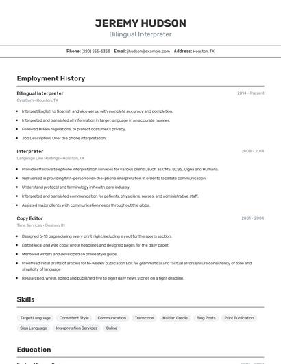 Bilingual Interpreter Resume