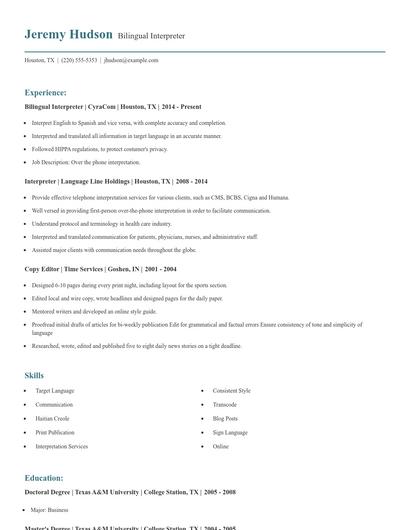 Bilingual Interpreter Resume