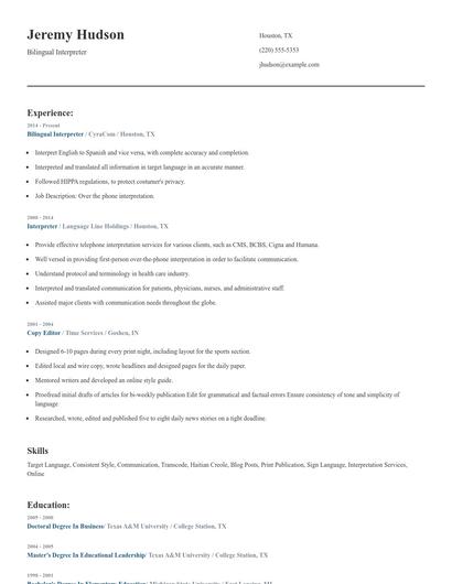 Bilingual Interpreter Resume