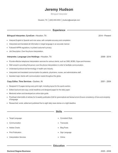 Bilingual Interpreter Resume