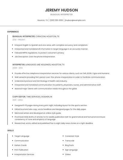 Bilingual Interpreter Resume