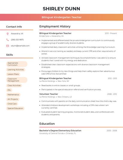 Bilingual Kindergarten Teacher Resume