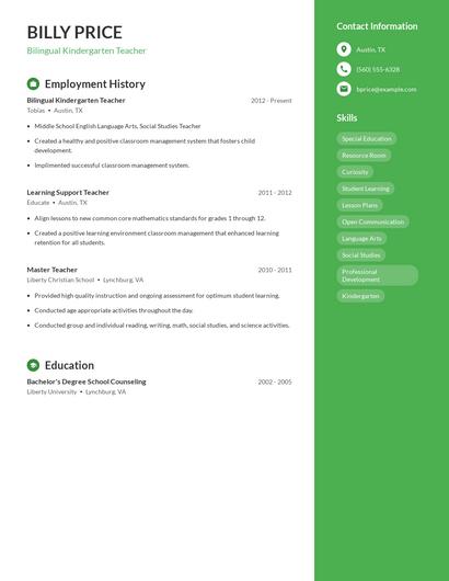 Bilingual Kindergarten Teacher Resume