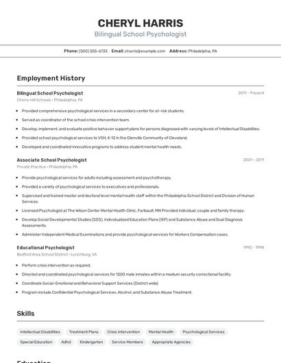Bilingual School Psychologist Resume