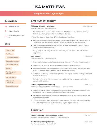 Bilingual School Psychologist Resume