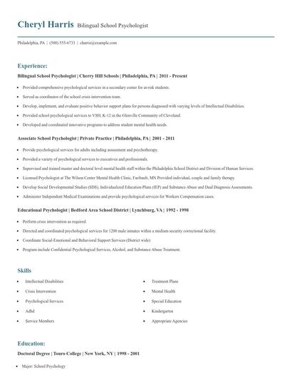 Bilingual School Psychologist Resume