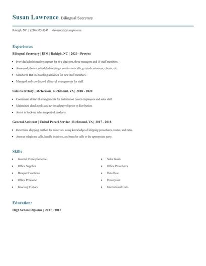 Bilingual Secretary Resume