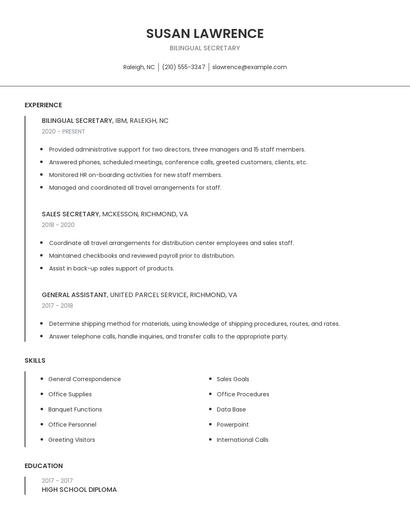 Bilingual Secretary Resume