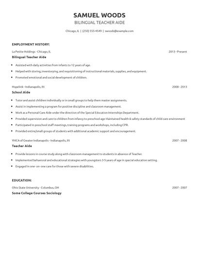 Bilingual Teacher Aide Resume