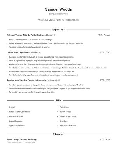 Bilingual Teacher Aide Resume