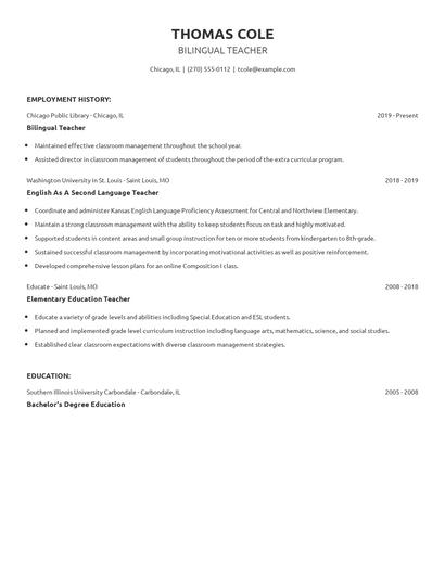Bilingual Teacher Resume