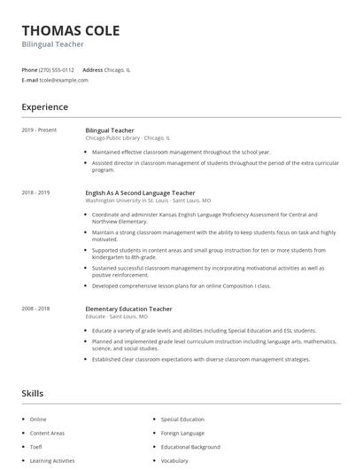 Bilingual Teacher Resume