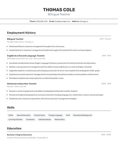 Bilingual Teacher Resume