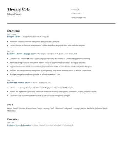Bilingual Teacher Resume