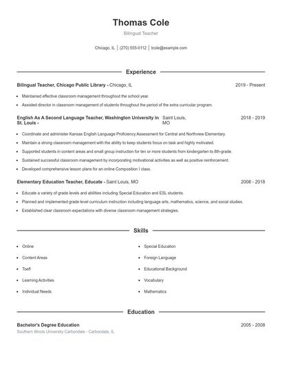 Bilingual Teacher Resume