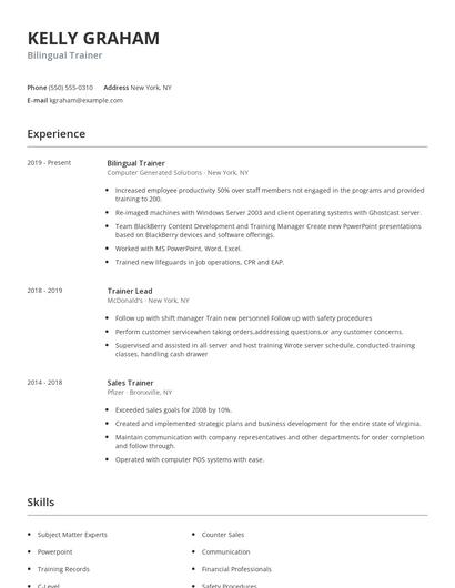 Bilingual Trainer Resume