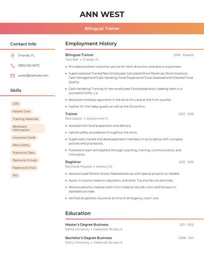 Bilingual Trainer Resume
