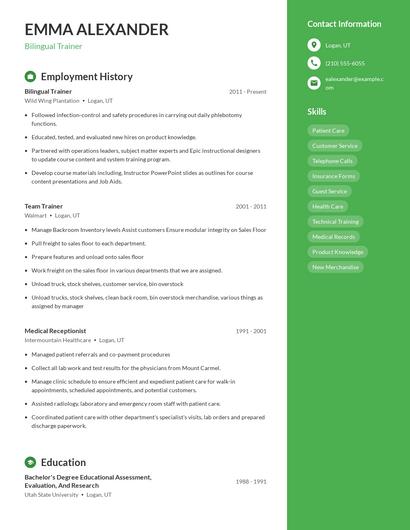 Bilingual Trainer Resume