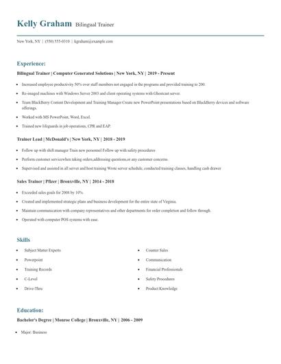 Bilingual Trainer Resume
