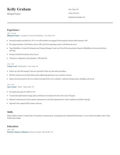 Bilingual Trainer Resume