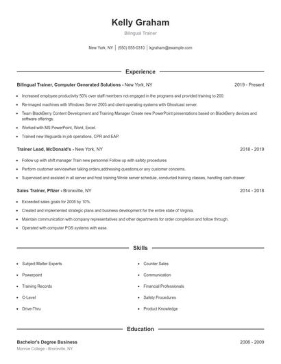 Bilingual Trainer Resume