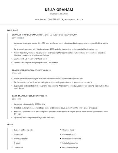Bilingual Trainer Resume