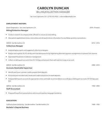 Billing/Collection Manager Resume