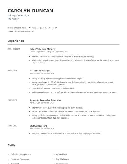 Billing/Collection Manager Resume