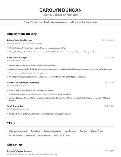 Billing/Collection Manager Resume