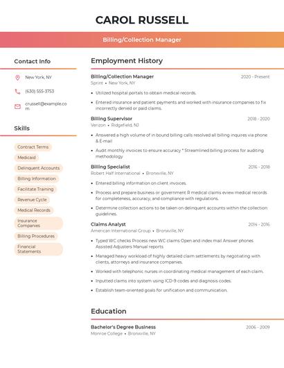 Billing/Collection Manager Resume
