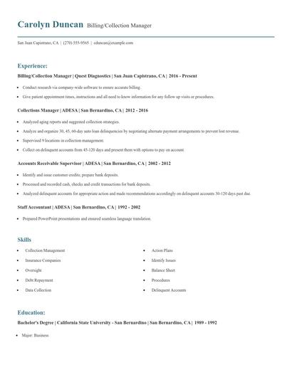 Billing/Collection Manager Resume