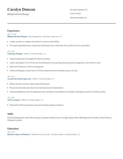 Billing/Collection Manager Resume