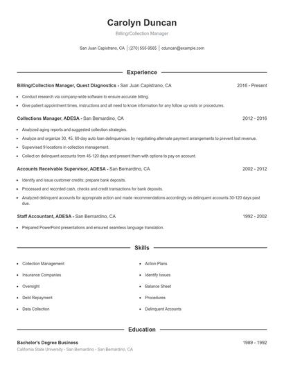 Billing/Collection Manager Resume
