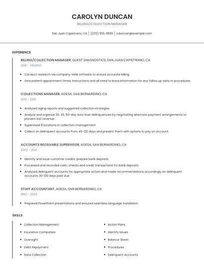 Billing/Collection Manager Resume