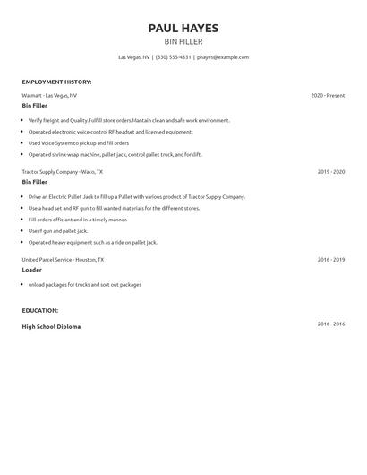 Bin Filler Resume