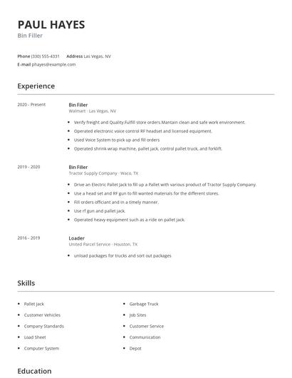 Bin Filler Resume