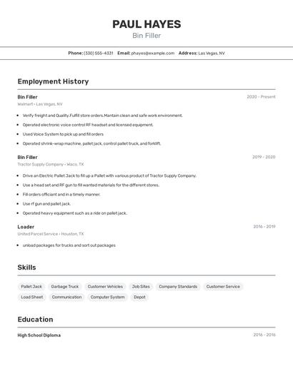 Bin Filler Resume