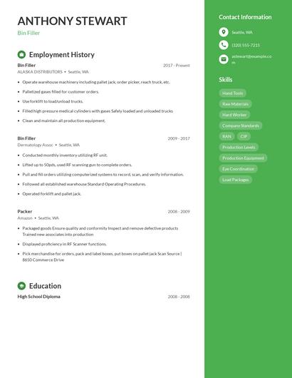 Bin Filler Resume