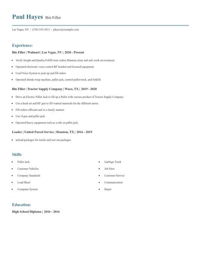 Bin Filler Resume