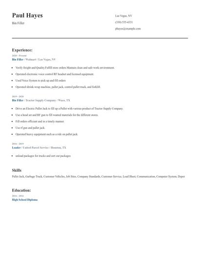 Bin Filler Resume