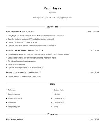 Bin Filler Resume